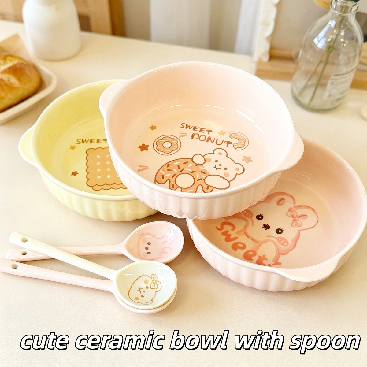 Matcha Bowl Chawan - 7.5인치 귀여운 만화 곰 토끼 세라믹